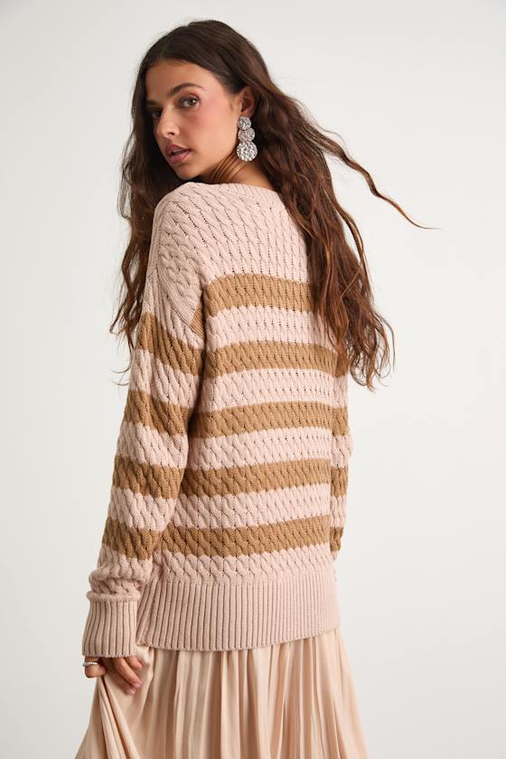 Navya Blush Striped Cable Knit Tunic Sweater