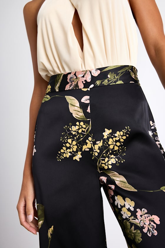 Thriving Vibes Black Multi Floral Print Satin Wide-Leg Pants