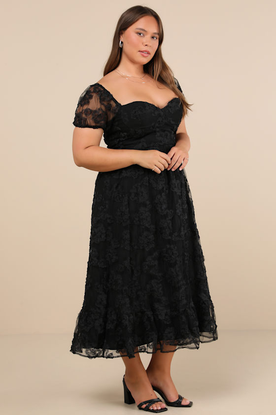 Notable Elegance Black Mesh Floral Applique Bustier Midi Dress