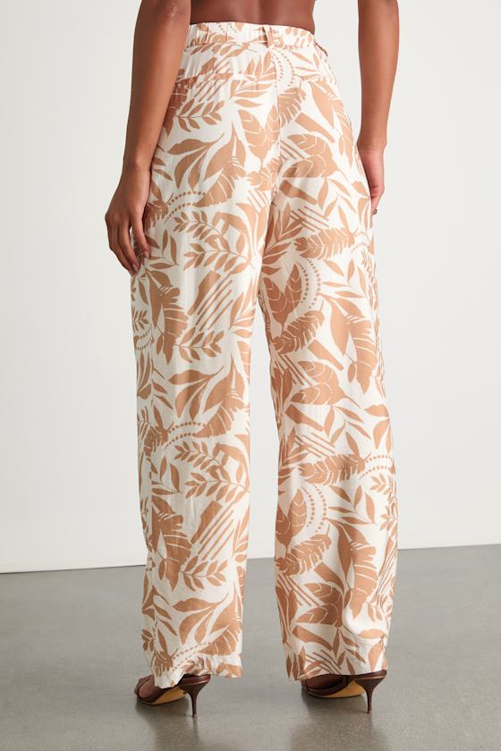 Rosetta Ivory and Tan Leaf Print Wide-Leg Pants