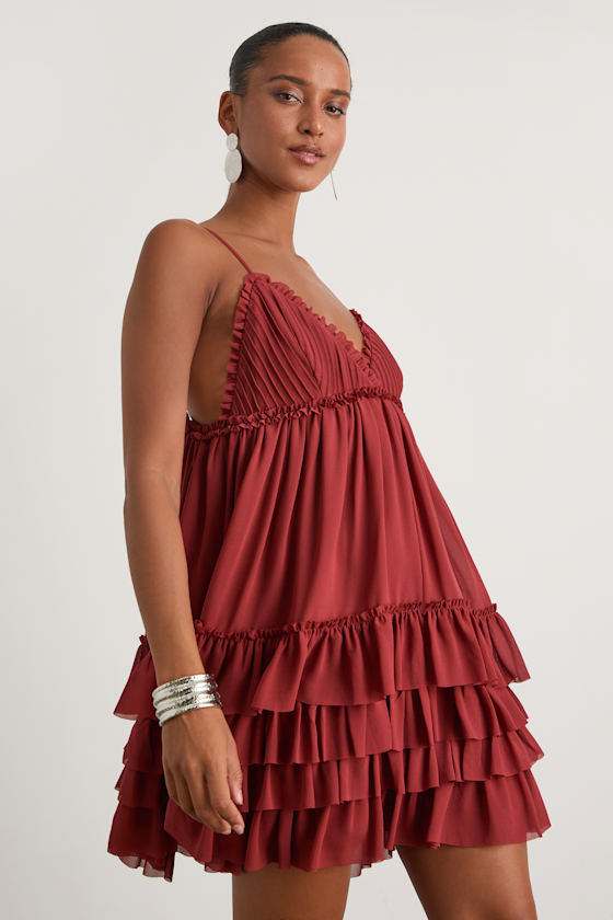 Asuka Rust Ruffled Tiered Mini Dress