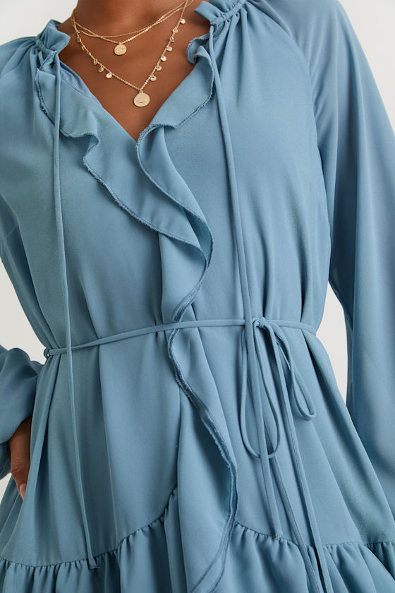Allirah Light Blue Ruffled Long Sleeve Mini Dress