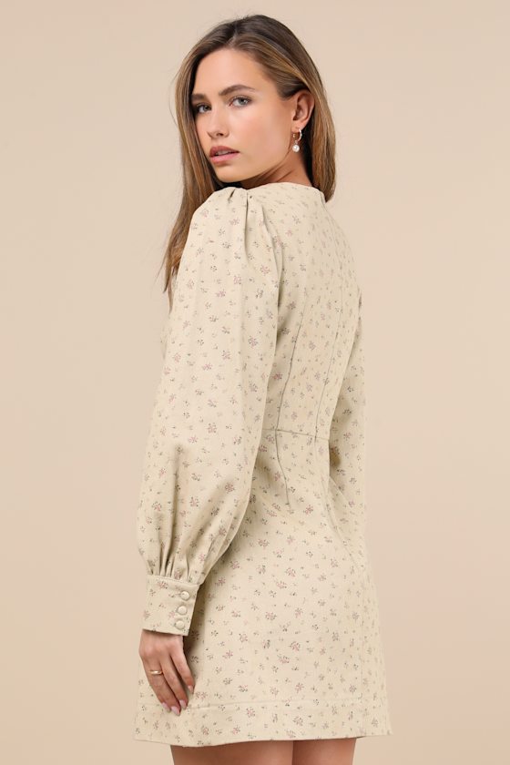 Darling Girl Beige Floral Twill Long Sleeve Mini Dress