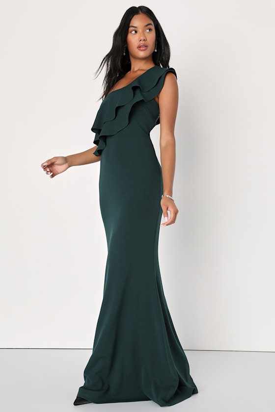 Grand Beauty Emerald Ruffled One-Shoulder Mermaid Maxi Dress