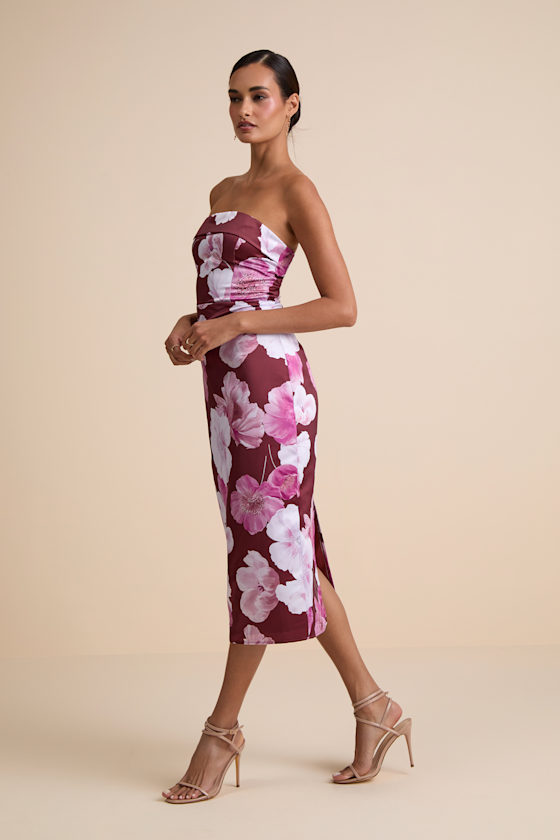 Oriana Burgundy Floral Satin Strapless Midi Dress