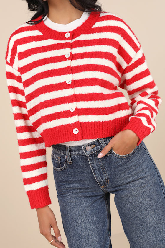 Cutest and Coziest Red and White Striped Crew Neck Cardigan