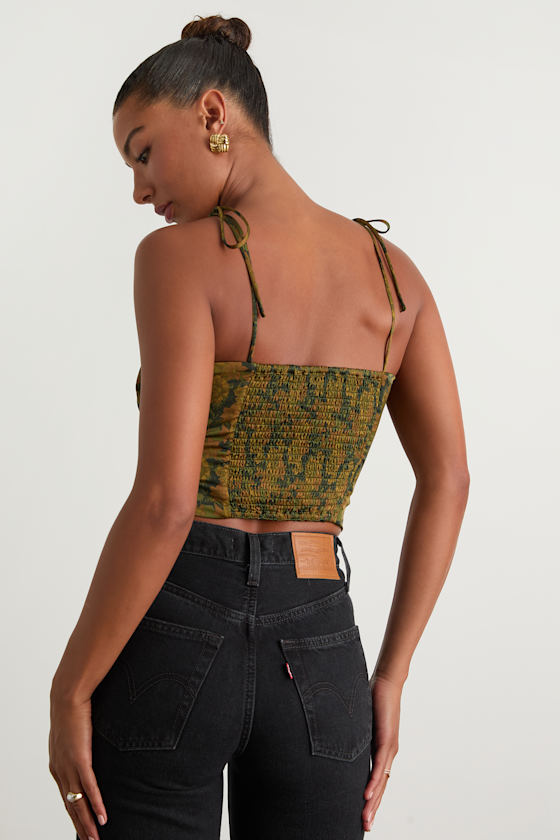 Raissa Olive Green Floral Satin Tie-Strap Crop Top