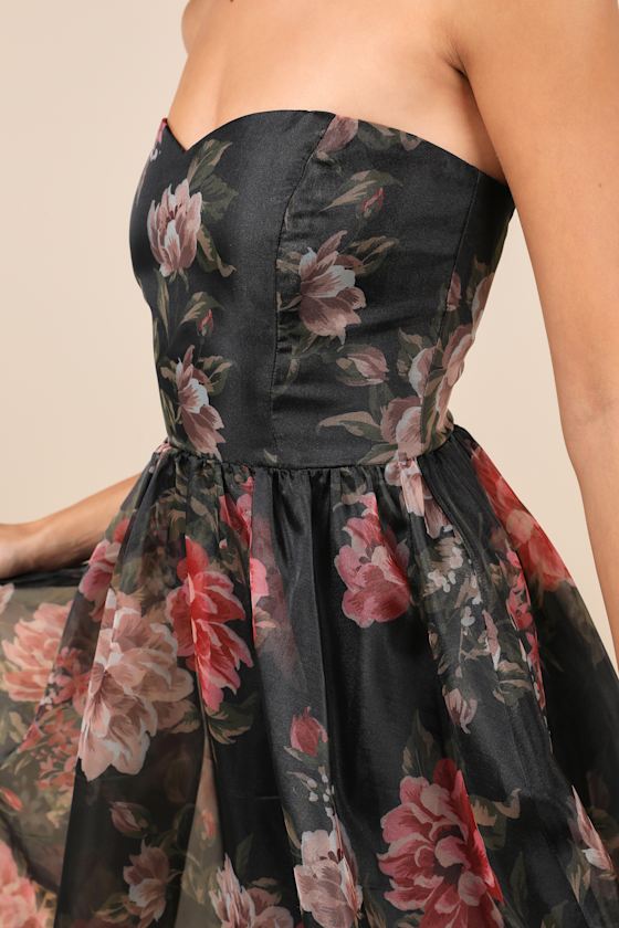 Truly Extraordinary Black Floral Organza Strapless Maxi Dress