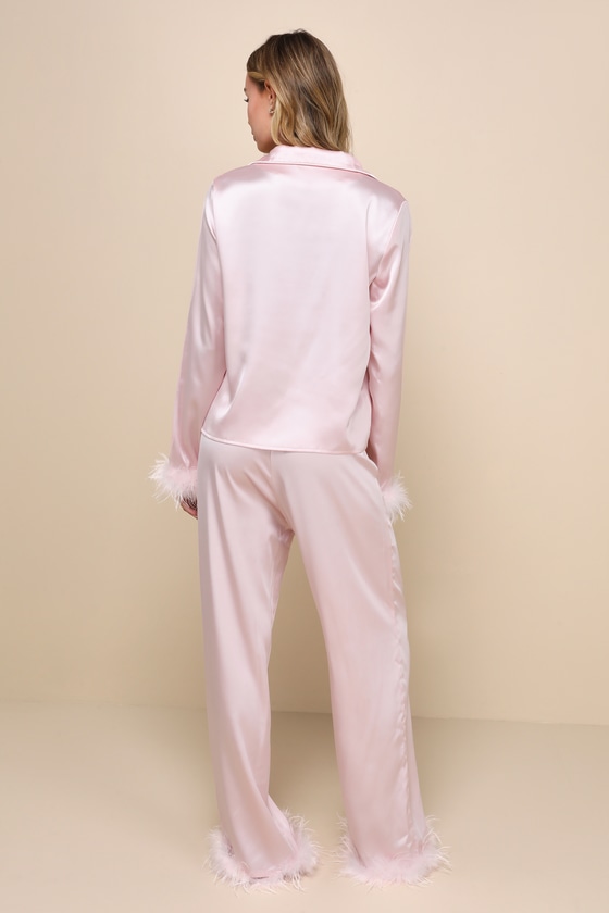 Dreamiest Delight Light Pink Satin Feather Two-Piece Pajama Set