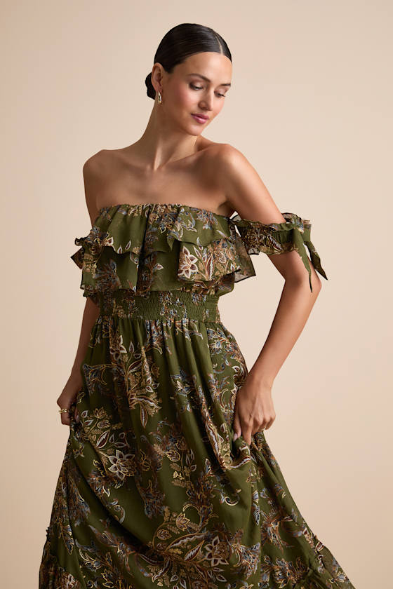 Love and Blooms Olive Green Floral Print Off-the-Shoulder Dress