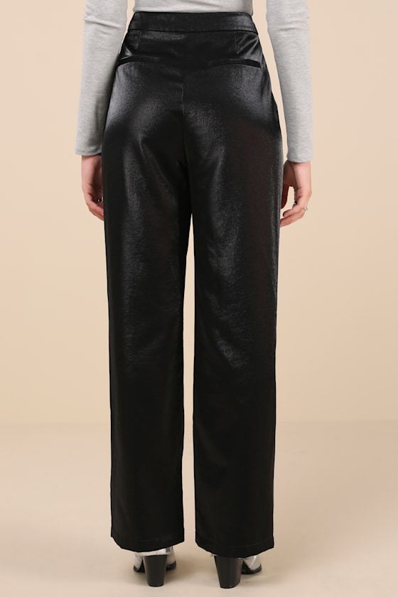 Confirmedly Chic Shiny Black High-Rise Wide-Leg Trouser Pants