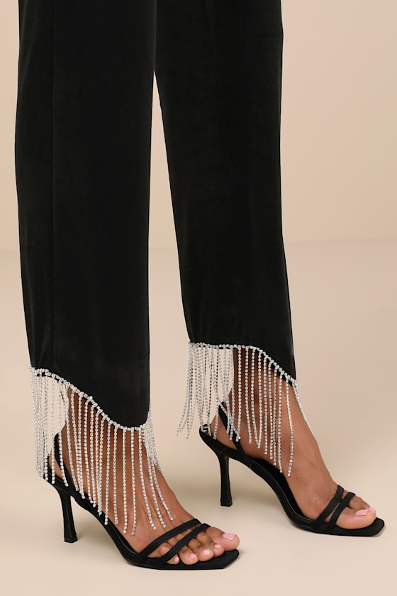 Lustrous Aura Black Velvet Rhinestone Fringe Cropped Pants