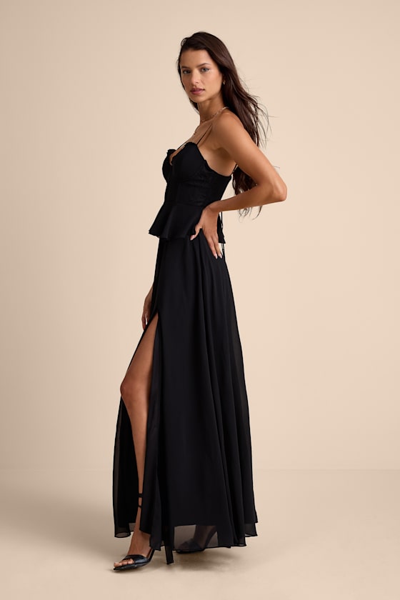 Elegant Silhouette Black Lace Bustier Peplum Maxi Dress