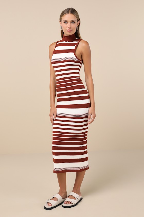 Easy-Going Excellence Ivory Striped Mock Neck Midi Sweater Dress