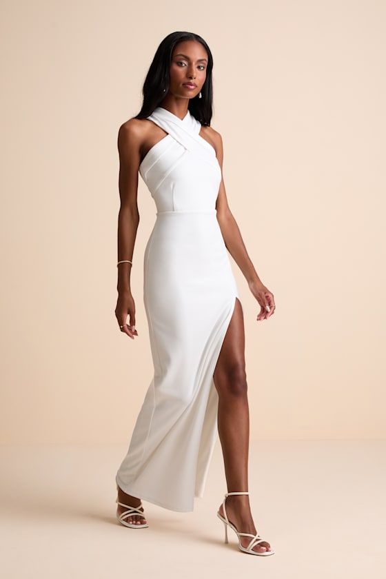 Head to Cocktail Hour White Halter Neck Maxi Dress