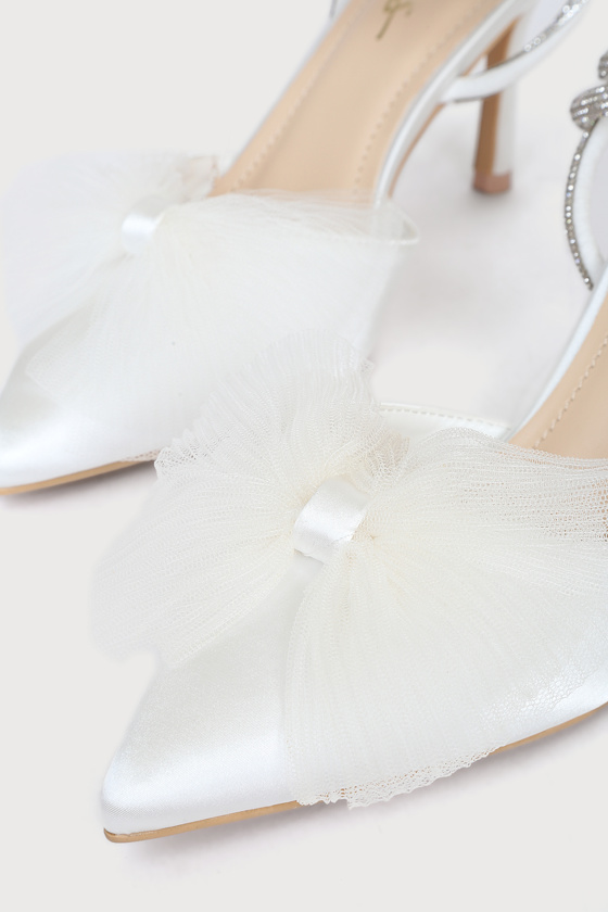 Lelanee White Satin Rhinestone Bow Ankle Strap Pumps