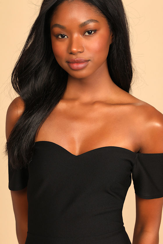 How Much I Care Black Off-the-Shoulder Midi Dress