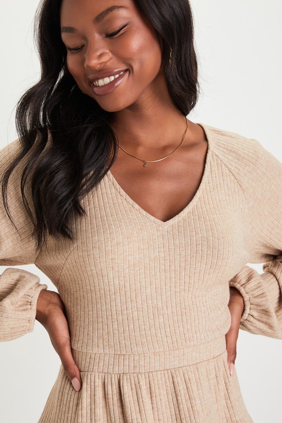 Adorable Option Heather Beige Long Sleeve Mini Sweater Dress