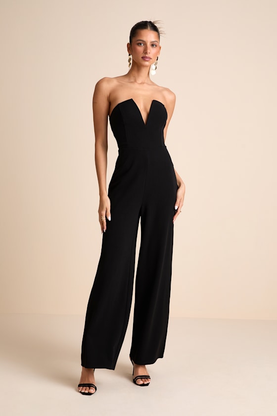 Cris Black Plunge Strapless Straight Leg Jumpsuit