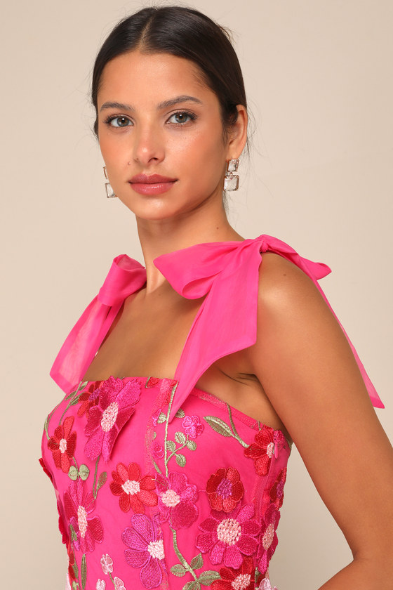 Emphatically Adorable Hot Pink Floral Tie-Strap Mini Dress