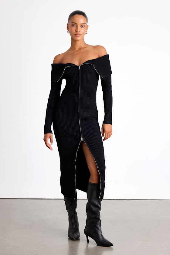 Trendy Aura Black Off-the-Shoulder Zip-Front Sweater Dress