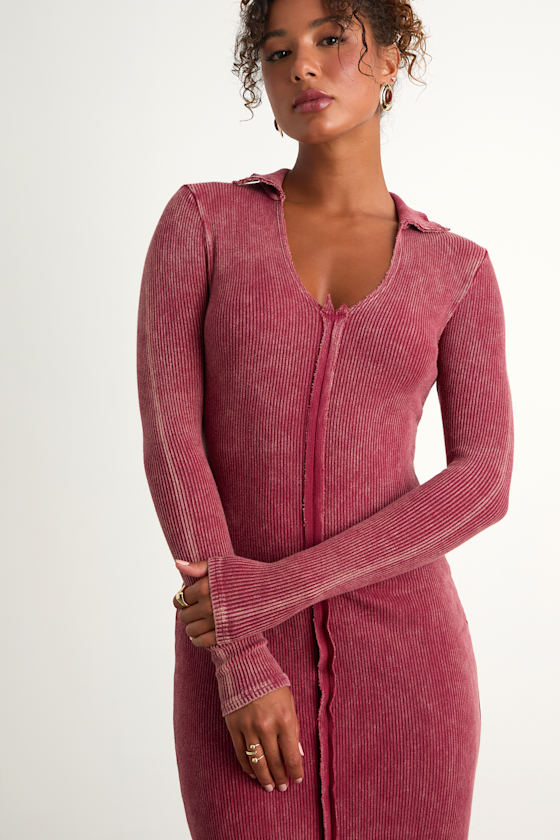 Effortlessly Pristine Washed Berry Ribbed Long Sleeve Midi Dress
