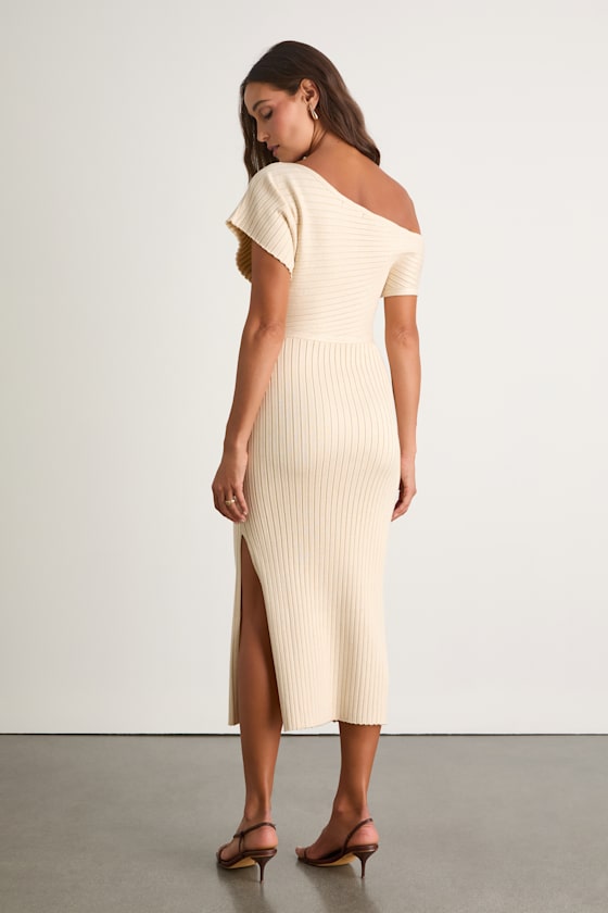 Brady Cream Ribbed Off-the-Shoulder Sweater Midi Dress