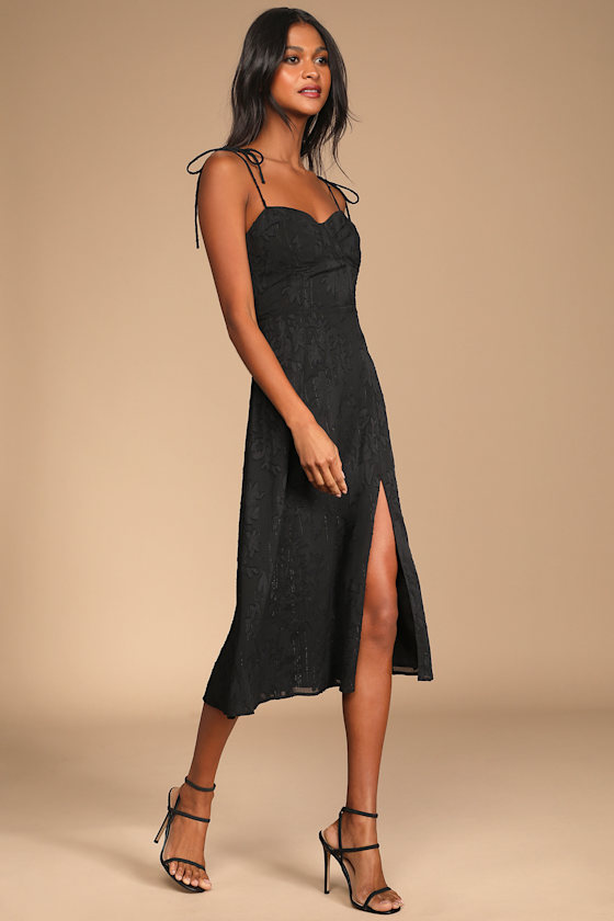 Loveliest Looks Black Floral Jacquard Tie-Strap Midi Dress