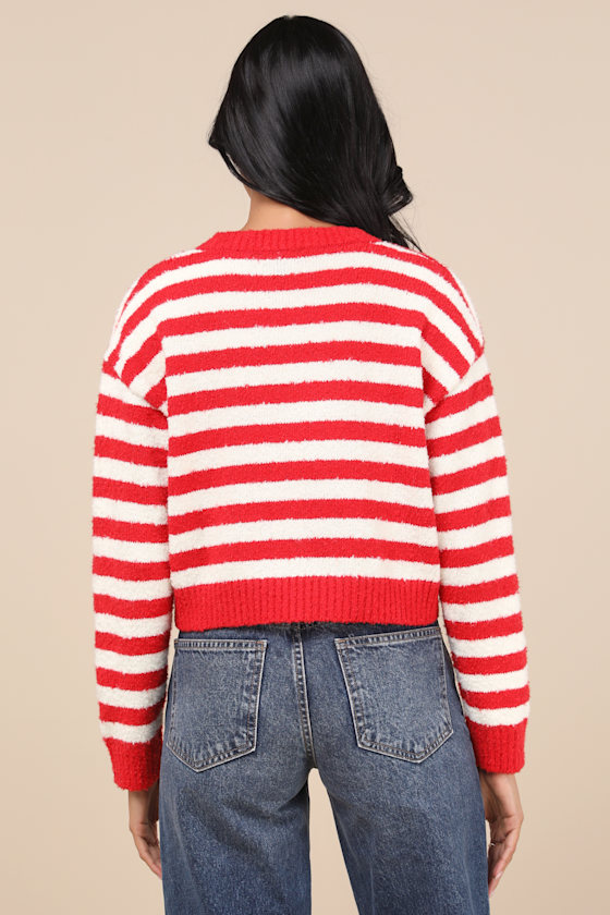 Cutest and Coziest Red and White Striped Crew Neck Cardigan