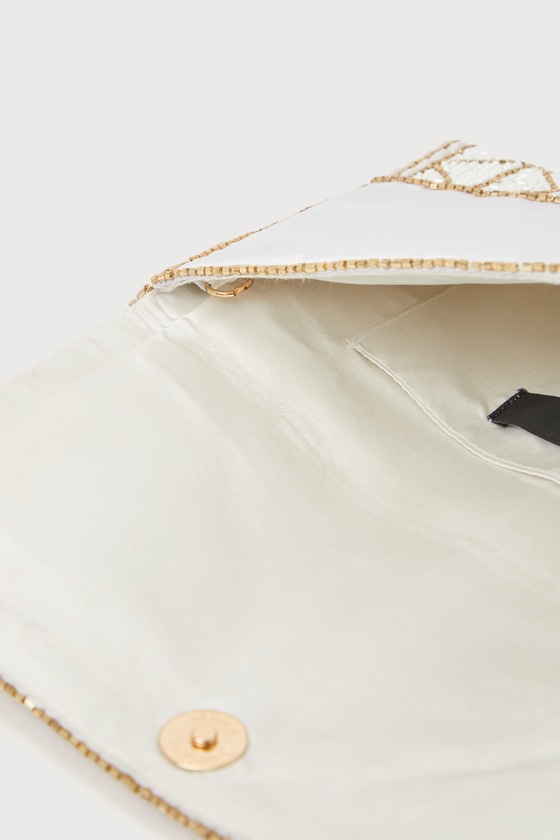 Glowing Perception Ivory and Gold Geometric Beaded Sequin Clutch