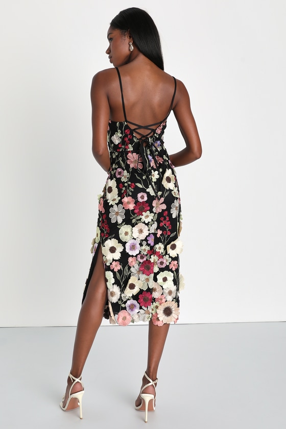 Thriving Energy Black 3D Floral Embroidered Lace-Up Midi Dress