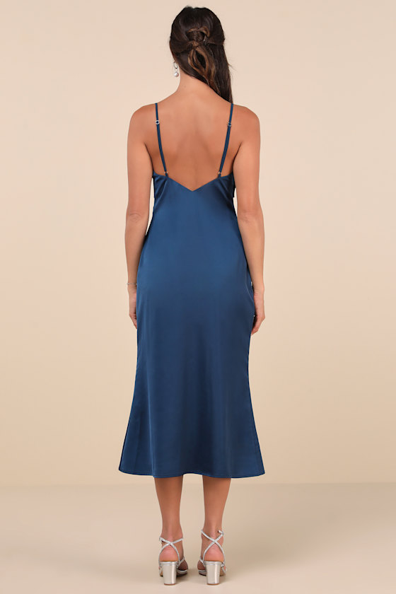 Extravagantly Sleek Navy Blue Satin Sleeveless Bow Midi Dress