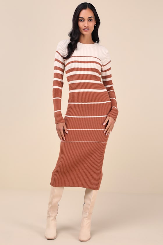 Seasonal Status Ivory and Brown Striped Midi Sweater Dress