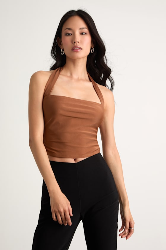Laniah Light Brown Slinky Knit Halter Crop Top