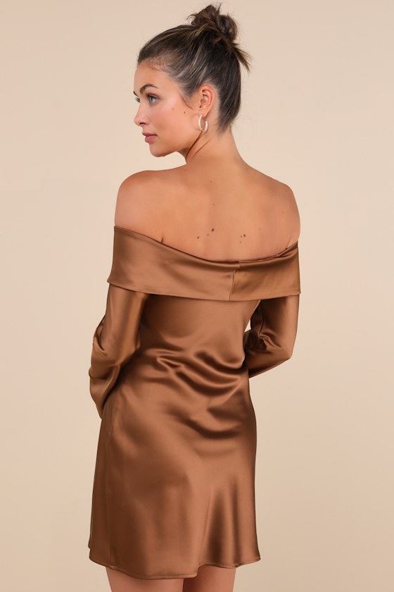 Luxurious Vision Brown Satin Off-the-Shoulder Mini Dress