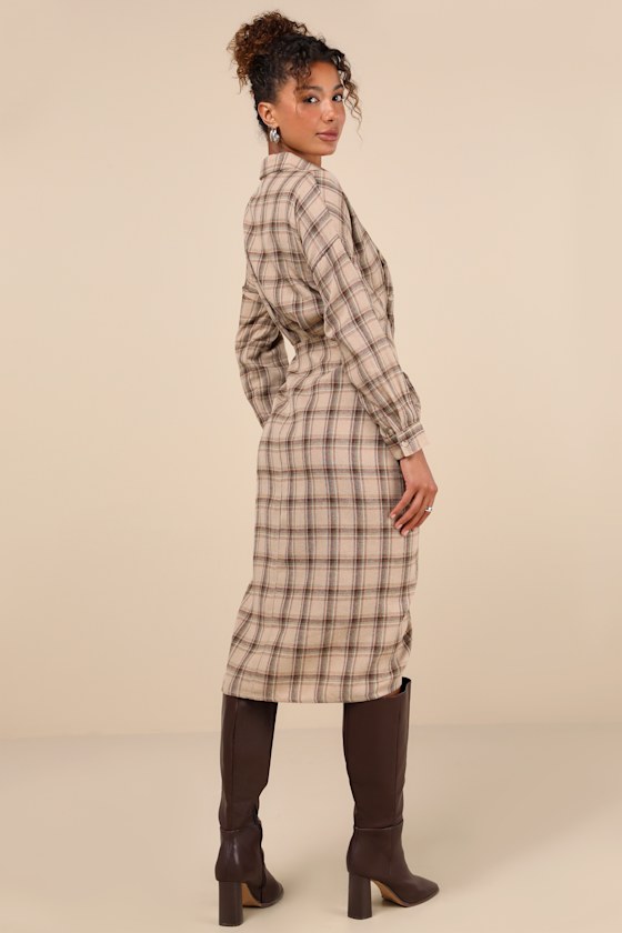 Seasonal Spirit Taupe Plaid Ruched Long Sleeve Midi Dress
