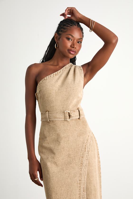 Avelina Washed Tan Denim One-Shoulder Belted Midi Dress