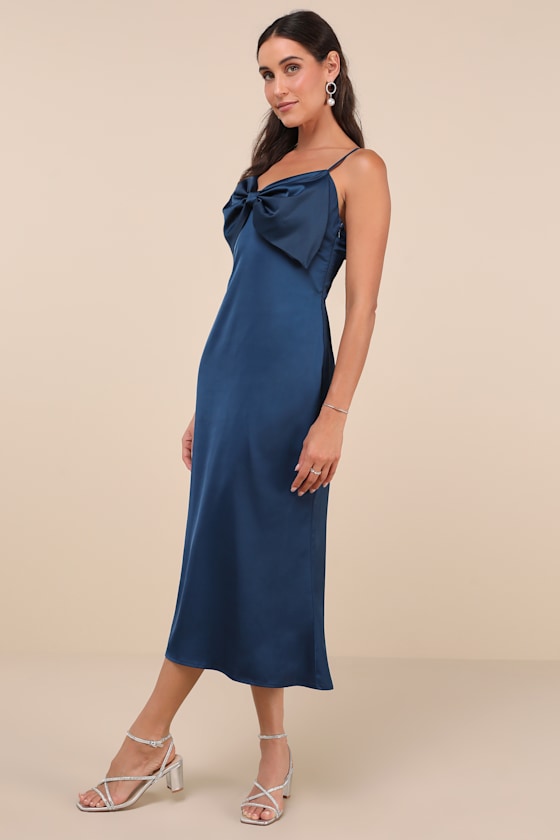 Extravagantly Sleek Navy Blue Satin Sleeveless Bow Midi Dress