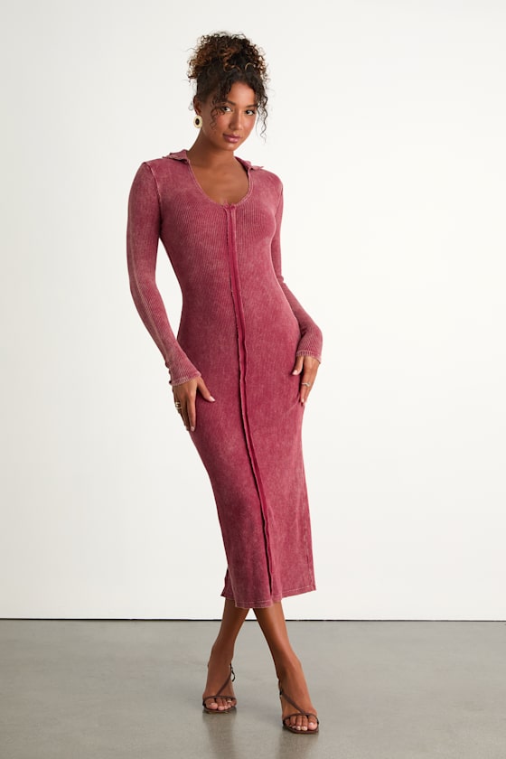 Effortlessly Pristine Washed Berry Ribbed Long Sleeve Midi Dress