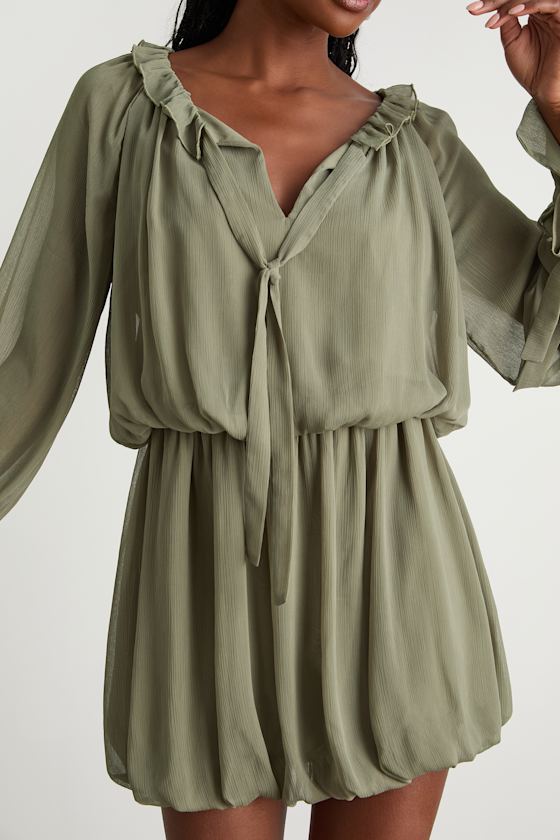 Kezzy Light Olive Ruffled Long Sleeve Bubble-Hem Mini Dress