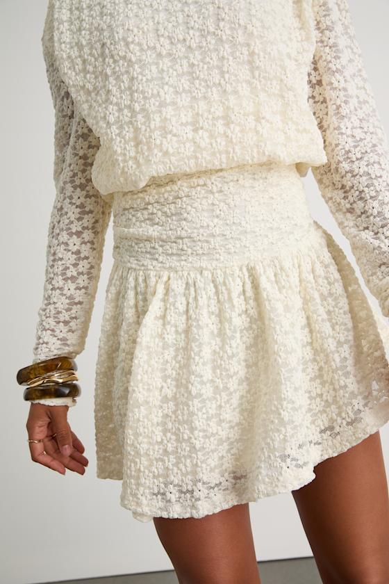 Zallie Ivory Textured Knit Ruched Long Sleeve Mini Dress