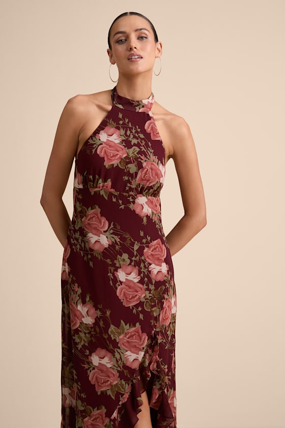 Elegant Entrance Wine Red Floral Print Halter Maxi Dress