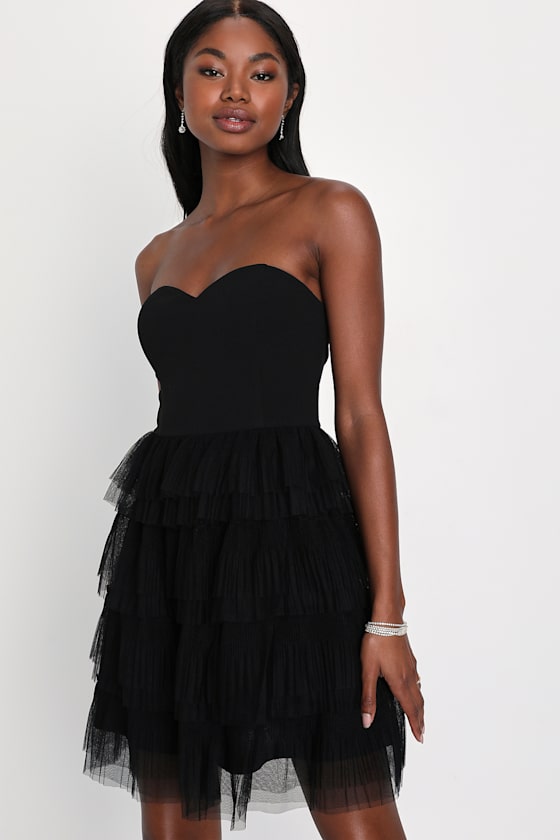 Fabulous Thoughts Black Tulle Strapless Tiered Mini Dress