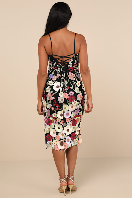 Thriving Energy Black 3D Floral Embroidered Lace-Up Midi Dress