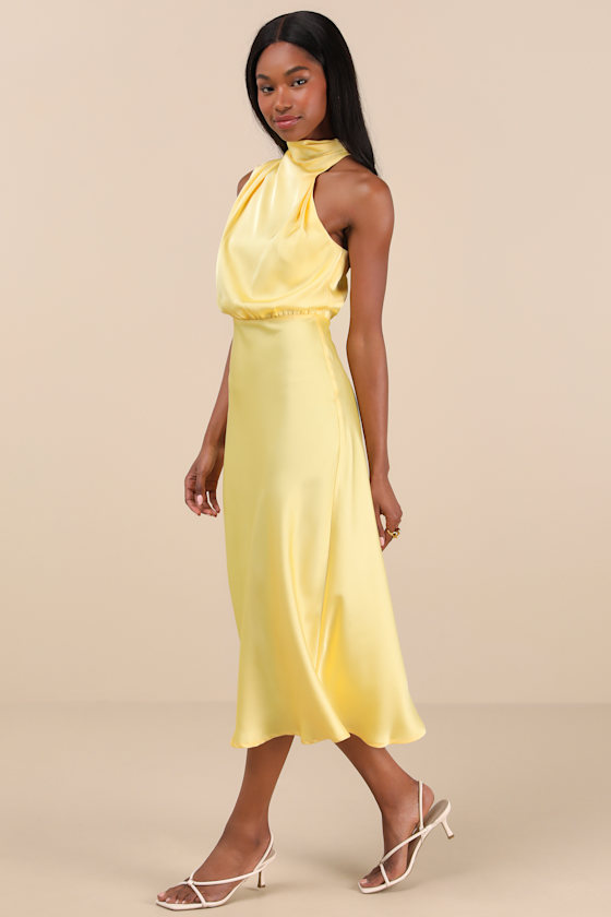 Distinctive Charm Yellow Satin Asymmetrical Midi Dress
