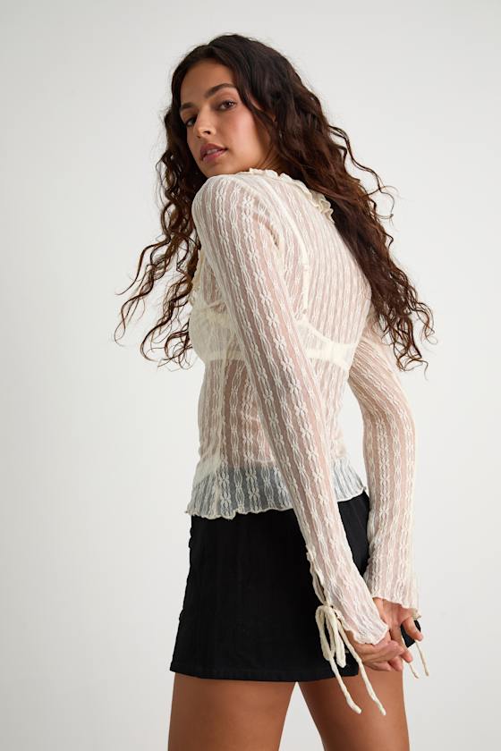 Lindley Cream Sheer Lace Ruffled Long Sleeve Top