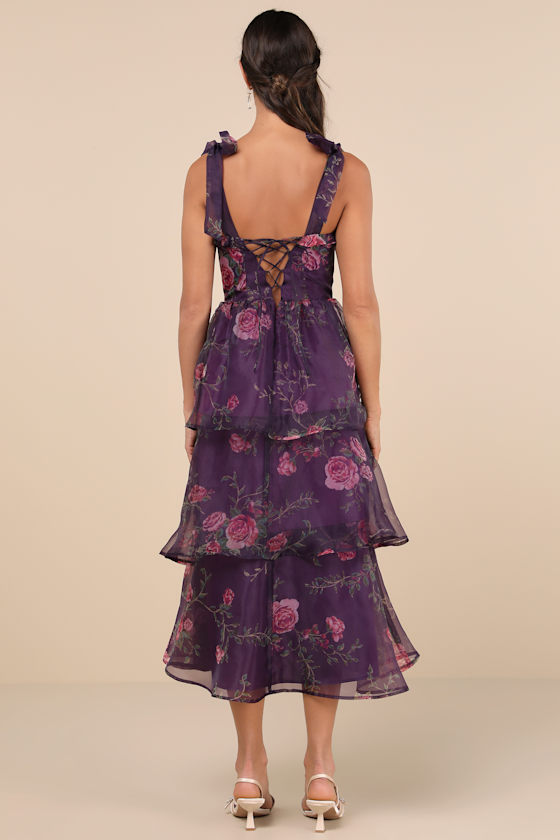 Fairytale Cutie Purple Floral Tie-Strap Tiered Midi Dress