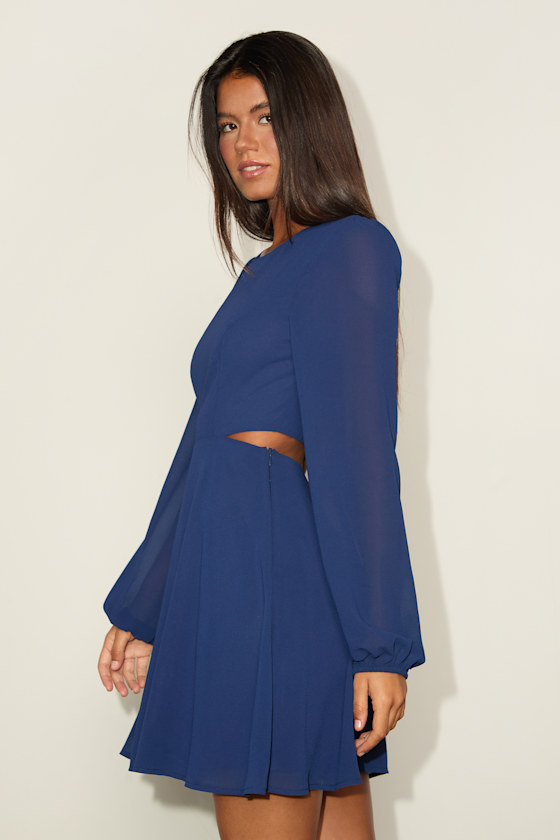 Garden Bliss Dark Blue Long Sleeve Cutout Mini Dress