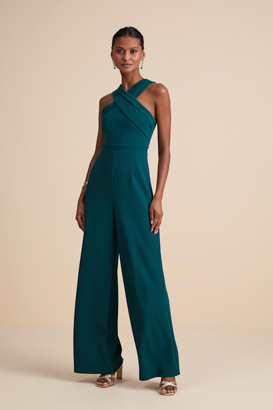 Criss-Cross Your Mind Emerald Cross-Front Wide-Leg Jumpsuit