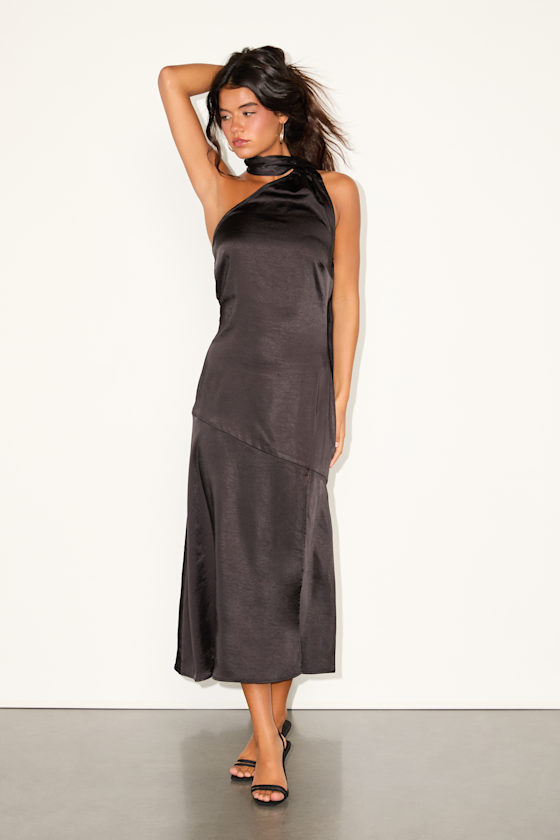 Reglan Black Satin One-Shoulder Sash Midi Dress
